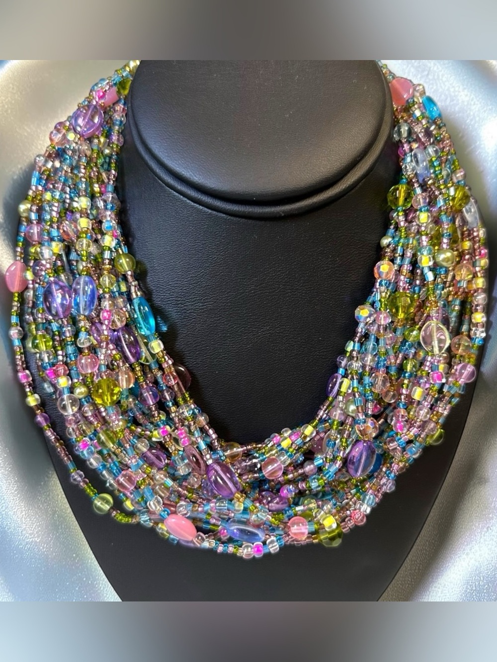 Joan Rivers Necklace Uranium Glass Pastel Czech Bead Statement Book Piece Long